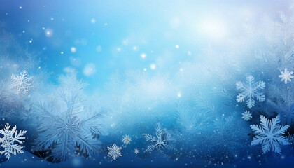 Beautiful abstract winter christmas background with snowflakes and plants in hoarfrost.