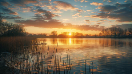 Obraz premium Majestic Sunset Over Tranquil Lake with Reflections and Reed Silhouettes