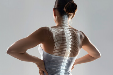 Banner With Woman With Back Pain, Spine Sports Injury, X-ray And Anatomy, Medical Health Problem. Healthcare Emergency, Inflammation And Muscle Tension Skeleton, Clinic Diagnosis - obrazy, fototapety, plakaty