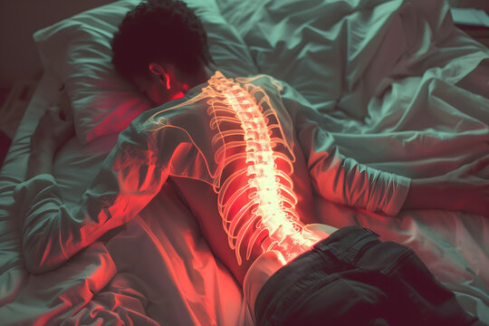 Teen Boy Has A Backache Because Of Scoliosis, Teenager Silhouette On Bed, Problematic Spine X-Ray