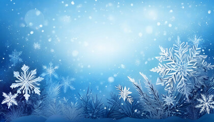 Beautiful abstract winter christmas background with snowflakes and plants in hoarfrost.
