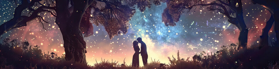 Dusk's Embrace: Two Lovers Sharing a Quiet Kiss Under a Canopy of Stars
