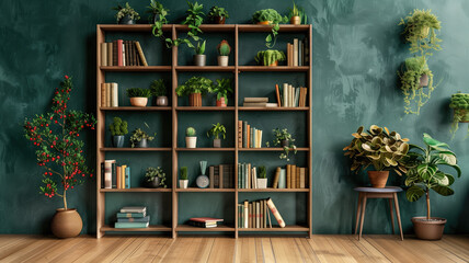a contemporary style bookshelf adorned with plants that serves as a modern decorative element for virtual office backdrops studio backgrounds or can be printed in a large format to enhance a back - obrazy, fototapety, plakaty