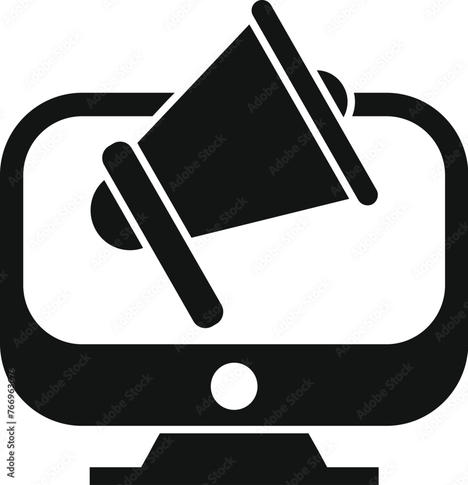 Poster megaphone on computer monitor icon simple vector. online sale. click on screen add