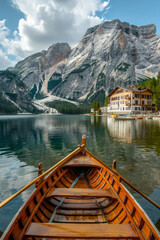 Serene Lakefront View with Wooden Boat and Majestic Mountain Backdrop