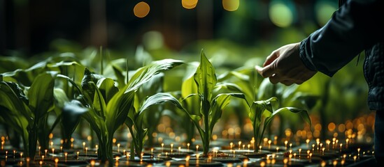 Close-up of young corn seedlings growing in a greenhouse. - obrazy, fototapety, plakaty