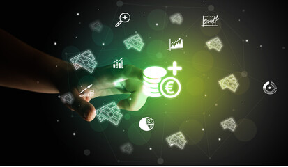 Businessman finger touching on screen multimedia interface with hand drawn currency icons