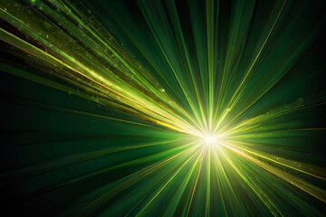 Abstract green light burst with radiant rays on dark background. Golden green sparkling backdrop with copy space.