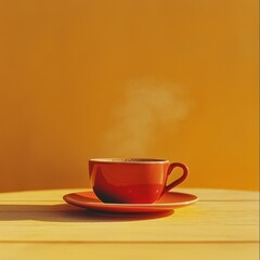 Steaming red coffee cup on a warm yellow background with shadows