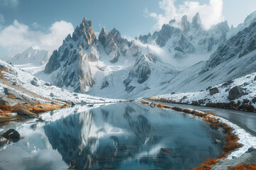depiction of a cold lake water surrounded with high cliffs and natural snowy beauty