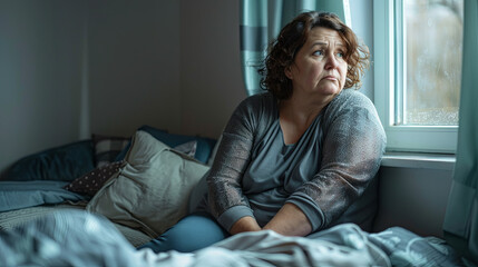 Obraz premium The theme of loneliness is effectively conveyed through the image of a solitary woman, gazing sadly out of a window