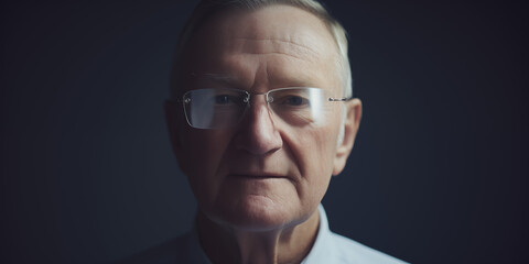 Stoic senior man with clear glasses, intense gaze, dark background, distinct features, looks to be in his 70s
