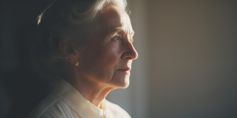 Elderly woman with a serene expression, her profile graced by the soft light of the morning