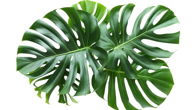 Dark green leaves of monstera or split-leaf philodendron (Monstera deliciosa) tropical foliage plant growing in the wild isolated on white background, clipping path included.1