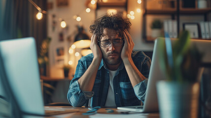 Stressed young man at his desk with hands on his head, overwhelmed by work, laptop in front