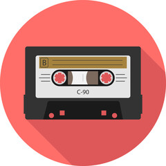 Retro audio cassette, retro audio cassette icon isolated on red background with shadow. Vector, cartoon illustration.