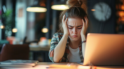 Distressed young woman with her head in her hands in front of a laptop, feeling the pressure of...
