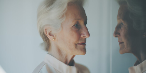 Elderly lady in contemplation, her dignified profile reflected on the surface next to her