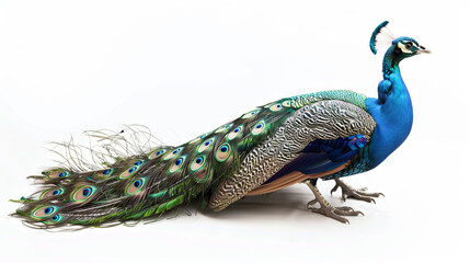 Obraz premium beautiful, brightly colored peacock with an extravagant, lengthy tail displayed against a pristine white background 