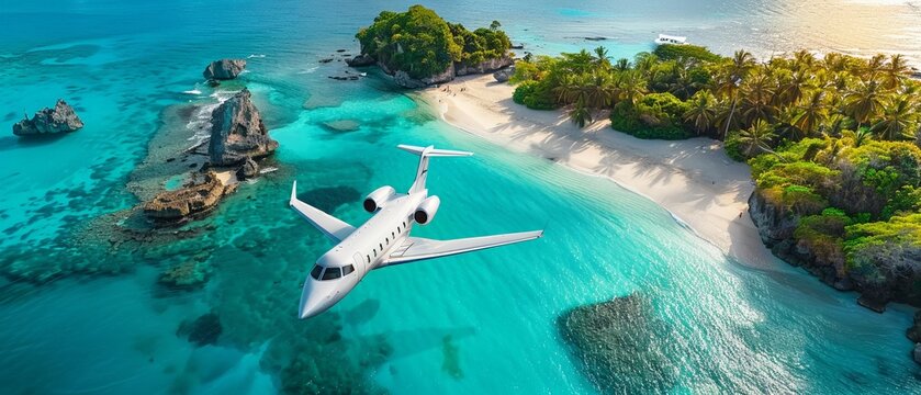 A private jet flying over a tropical island