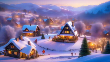 A group of villagers standing in a snowy town square with a wooden cottage in the background