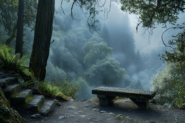 A secluded stone bench nestled among towering redwood trees, overlooking a mist-covered valley below - Powered by Adobe