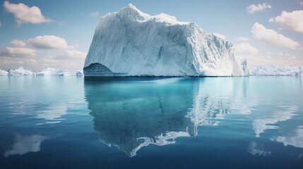 Majestic iceberg reflecting in calm water.