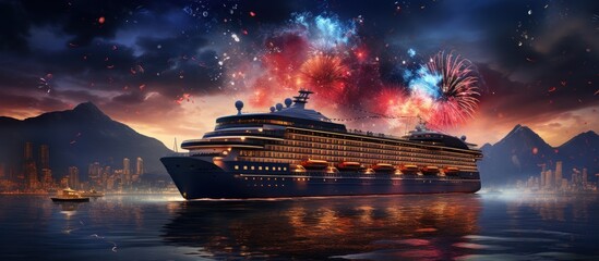 Harbor and cruise ship at colorful sunset with fireworks - obrazy, fototapety, plakaty