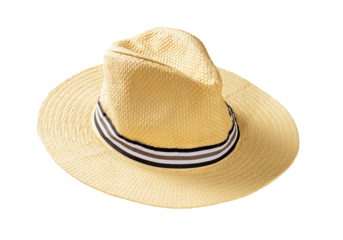 Large sun hat made of light straw for holidays on a light background