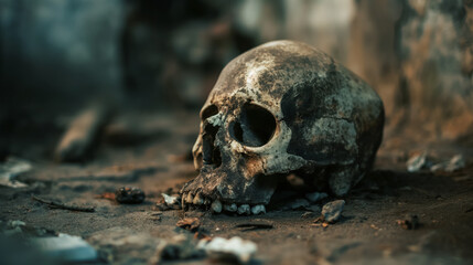 Skull on ground with eerie background.