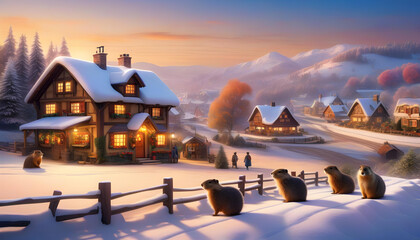 A snowy town square with a wooden cottage and villagers standing around