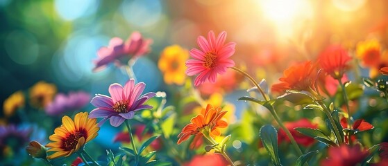 Vibrant flowers blooming in the spring sunlight