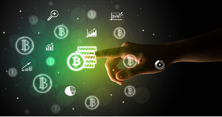 Naklejka premium Businessman finger touching on screen multimedia interface with hand drawn currency icons