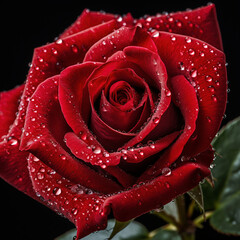 close up of red rose with water drops on petals on black background