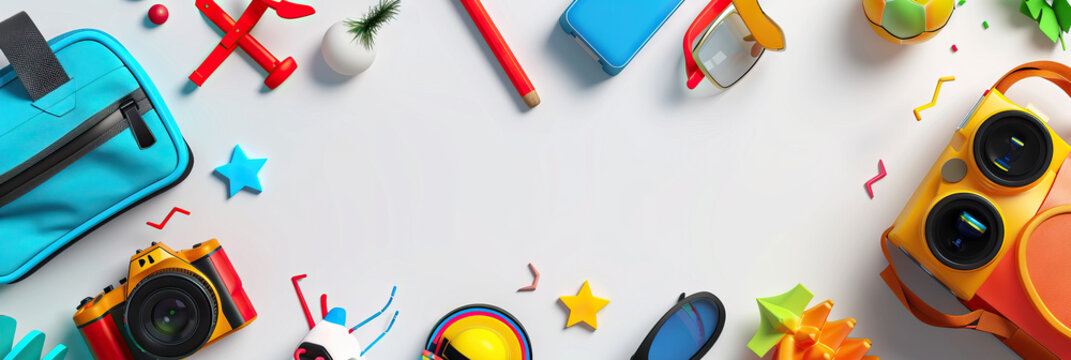 Kids' Outdoor Adventure Set: Gear and Games for Active Outdoor Playtime. Modern cover header background banner with space for text, top view Cover ads banner, flyer, Blank