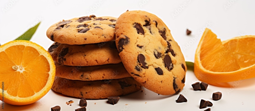 Poster a stack of chocolate chip cookies placed next to a slice of orange, creating a delicious and colorfu