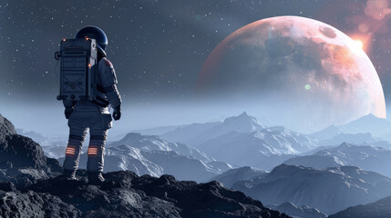Lone man in a space suit stands on top of a mountain, looking out into space. The contrasting landscapes create a surreal and powerful image