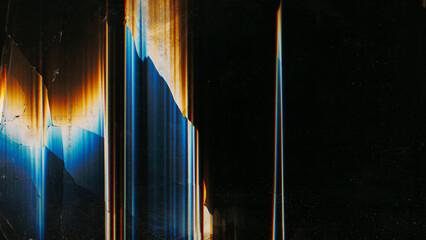 Cracked screen. Matrix distortion. Broken glass. Blue orange white color glitch noise dust scratches fractured distressed texture on black illustration abstract background. - 766966040
