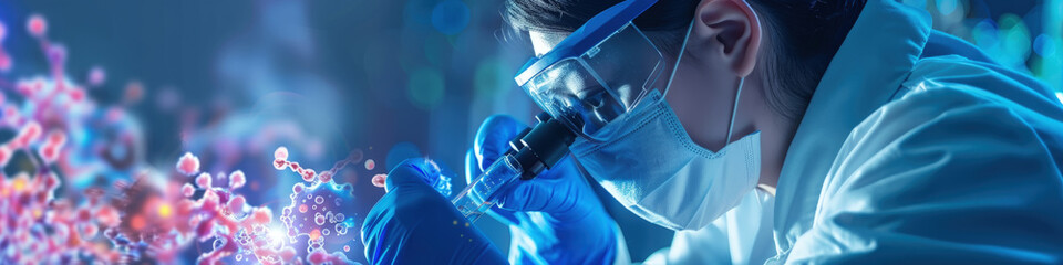 A scientist in protective gear examines biological specimens in a lab illuminated by blue light - obrazy, fototapety, plakaty