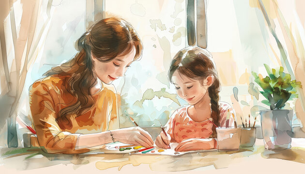 A woman is drawing with a child