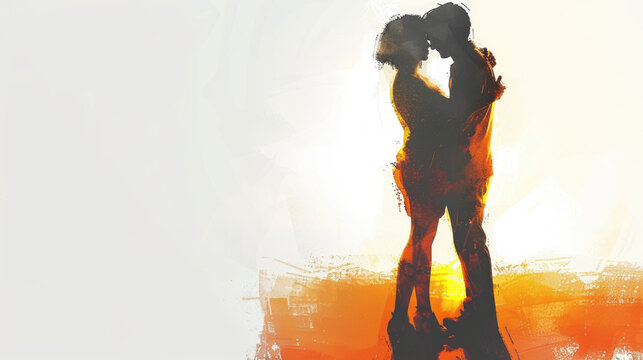A man and a woman in a passionate embrace, kissing under the bright sun