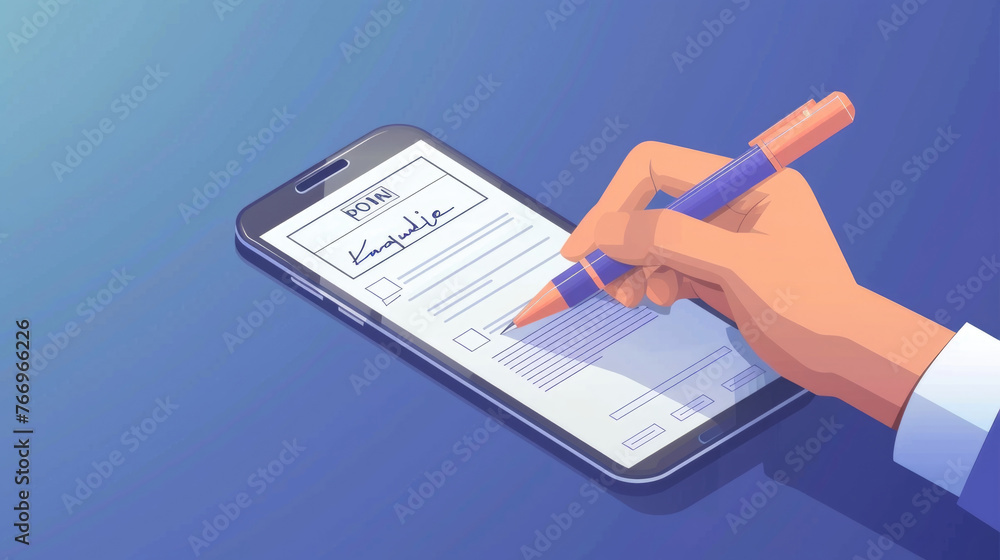 Poster a persons hand using a stylus to sign a name on an electronic form displayed on a smartphone screen