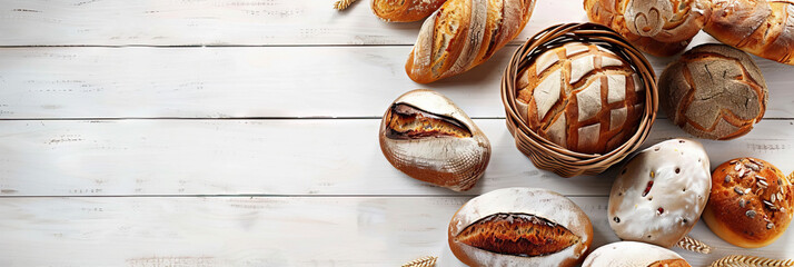 Breadbasket with different bakery products on wooden background . Modern cover header background banner with space for text, top view Cover ads banner, flyer, Blank