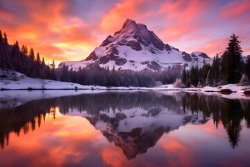 Awakening Infinity: A Heavenly Dawn Breaking Over Serene Mountain Lake - obrazy, fototapety, plakaty