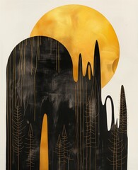 Abstract painting art balanced composition, silhouette forest and mountain, minimalist black and gold painting, simple shapes. Scandinavian and Japanese style for wall interior.