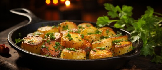 A pan filled with comfort food potatoes and parsley sits on a table, ready to be enjoyed. This...
