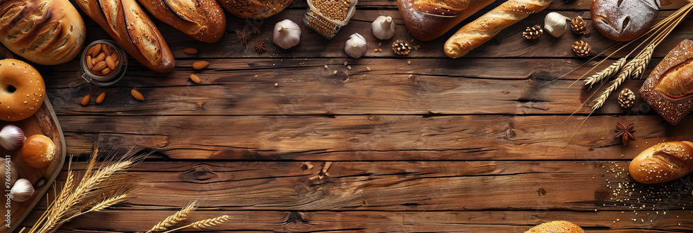 Poster rustic bakery concept . wooden background . modern cover header background banner with space for tex