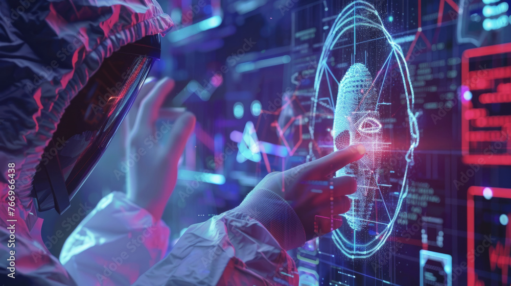 Poster a person in a hood interacts with futuristic facial recognition software on a digital interface