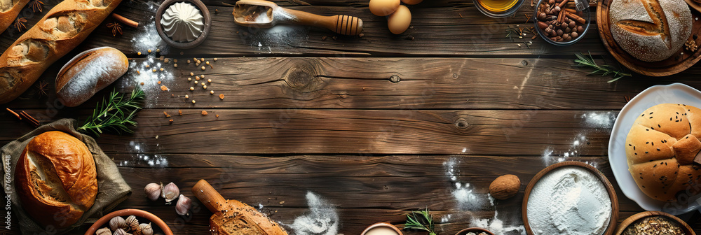 Wall mural rustic bakery concept . wooden background . modern cover header background banner with space for tex