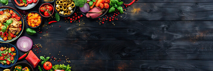 Table scene with a selection of delicious foods. Top view over a dark wood banner background . Modern cover header background banner with space for text, top view Cover ads banner, flyer, Blank